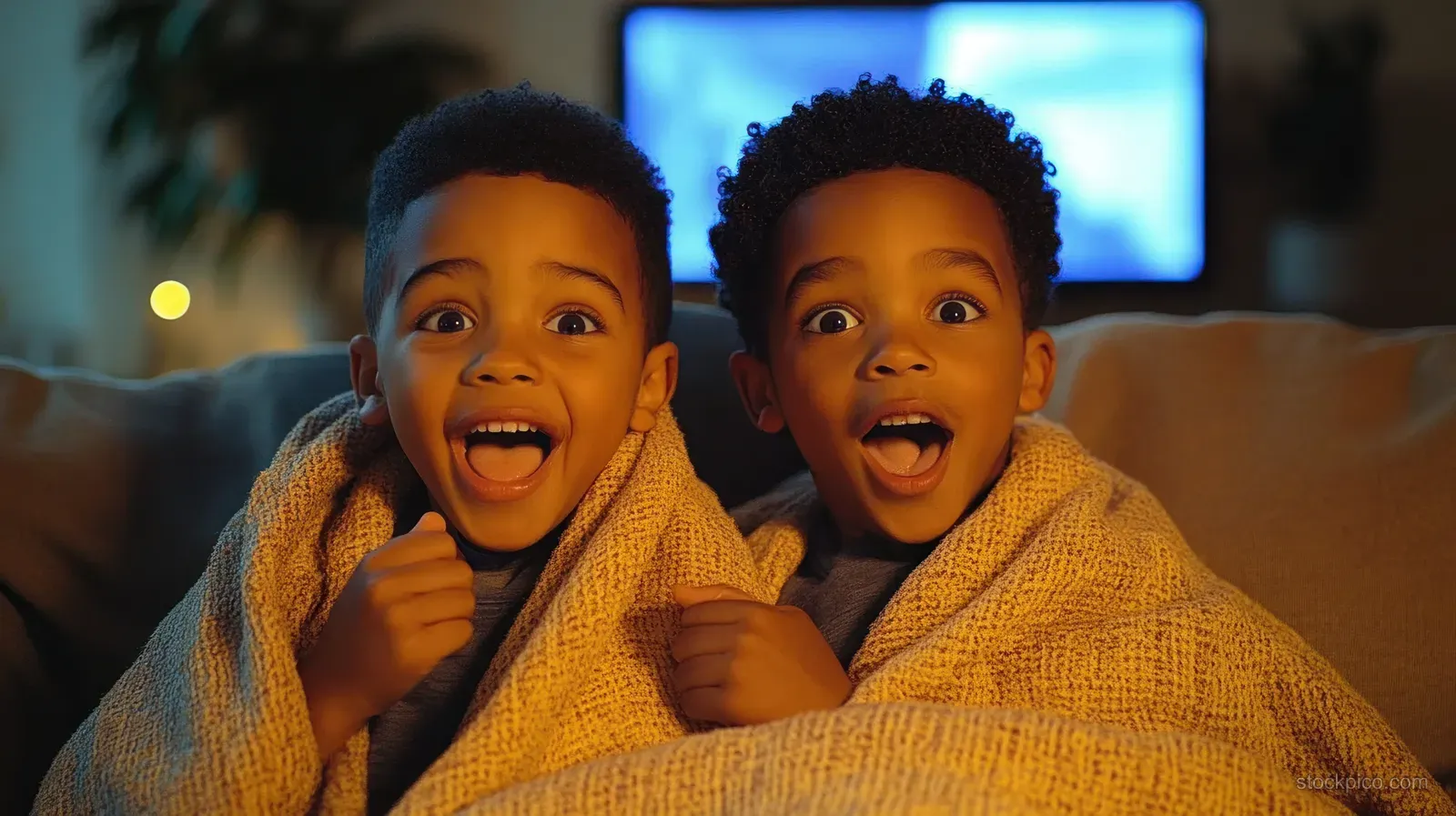 Two boys wrapped in blankets grin on a couch while watching a glowing TV in a dim living room.