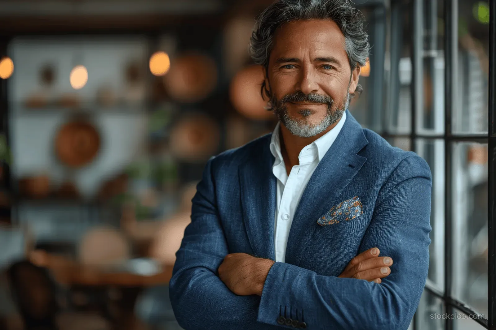Middle-aged businessman in a blue suit smiles with arms crossed inside a modern glass-walled office.