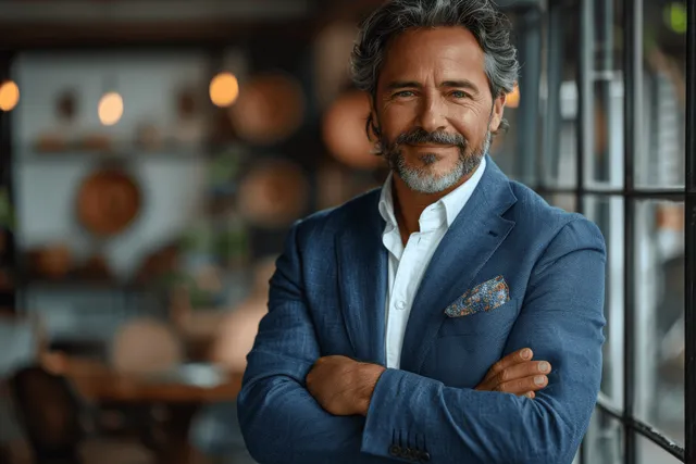 Middle-aged businessman in blue suit with crossed arms smiling in glass-walled modern office