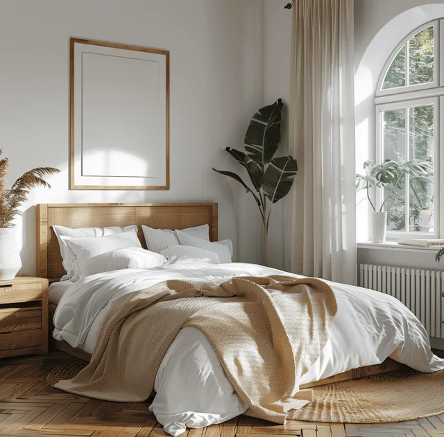 Sunlit coastal bedroom with a wooden bed, beige bedding, and framed poster wall art above a nightstand.