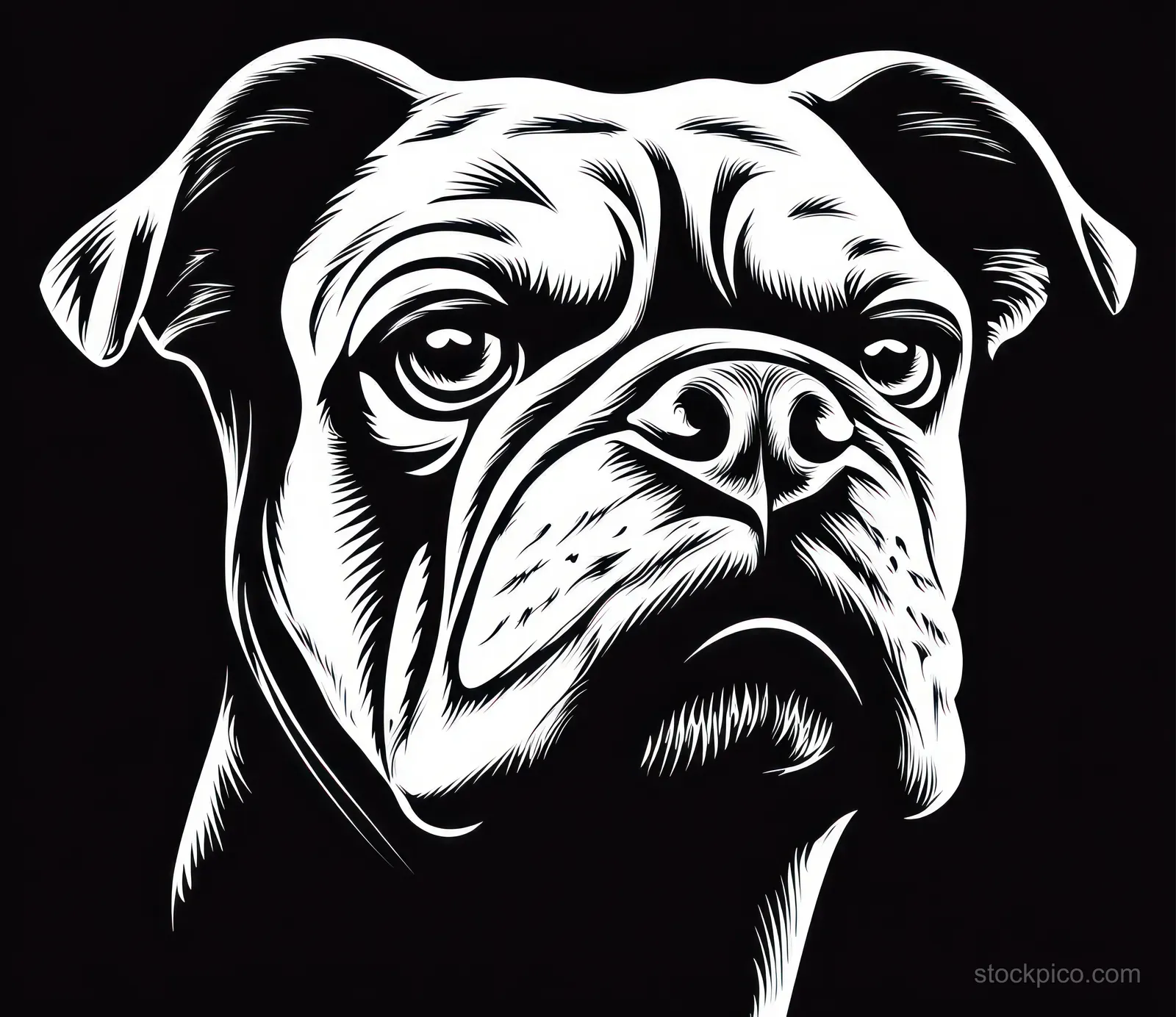 Black-and-white bulldog head illustration with a serious expression on a black background.