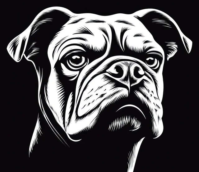 Black-and-white bulldog head illustration with a serious expression on a black background.