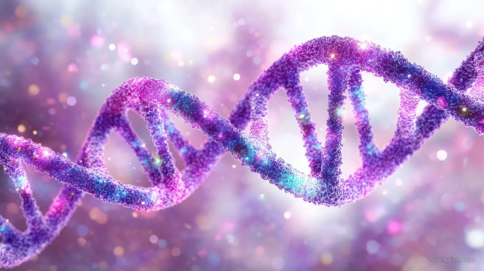 Colorful double helix DNA strands with glowing purple-blue particles over a soft blurred background.