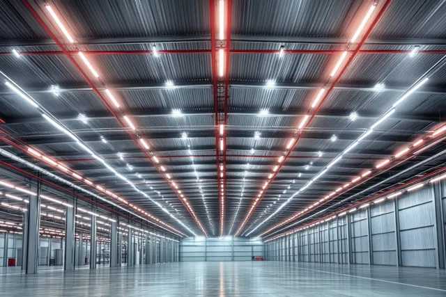 Empty industrial warehouse interior with bright linear ceiling lights and steel beams