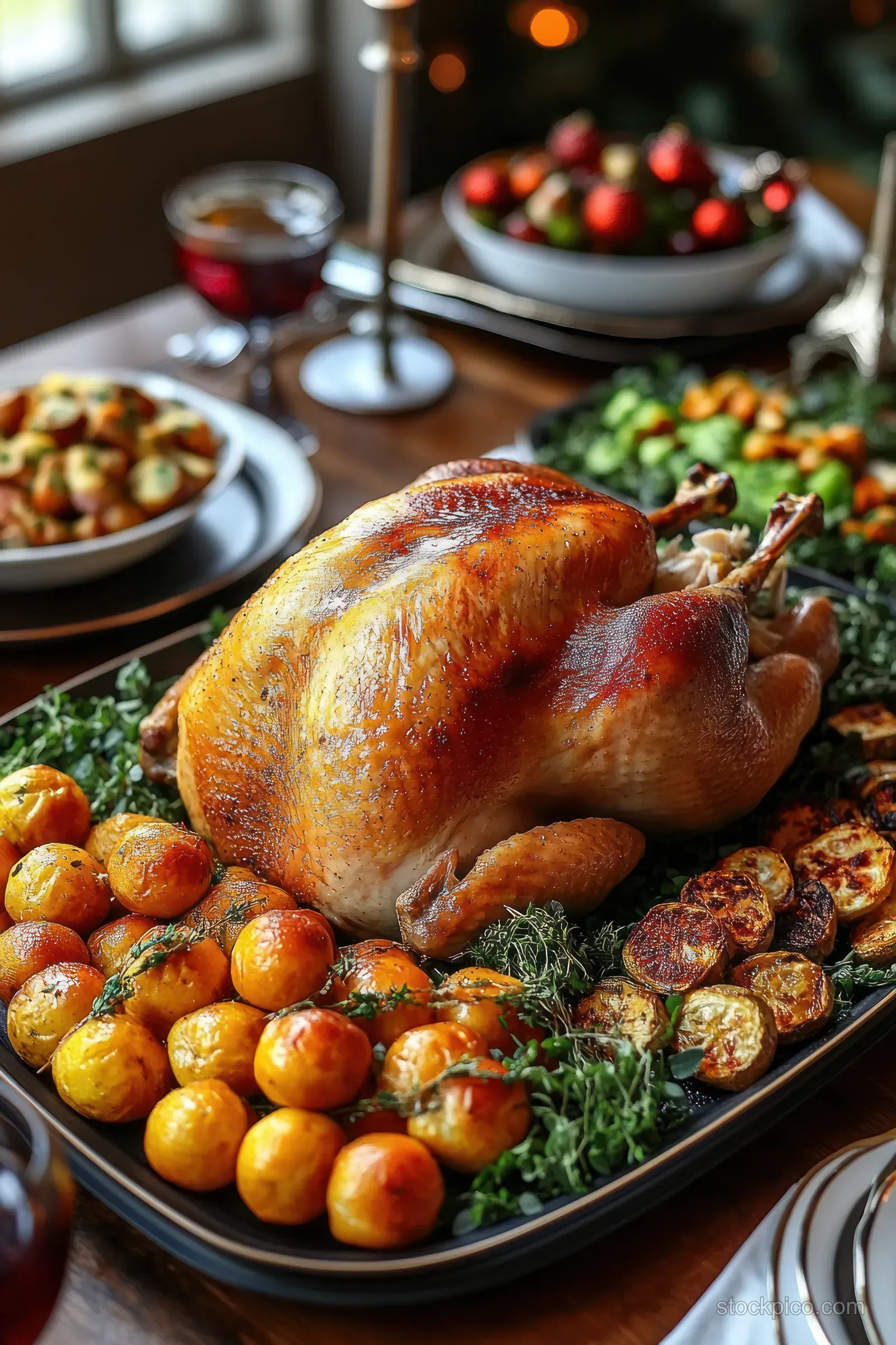 Roast turkey on a Thanksgiving table beside roasted vegetables, herbs, and gravy in a festive setting.