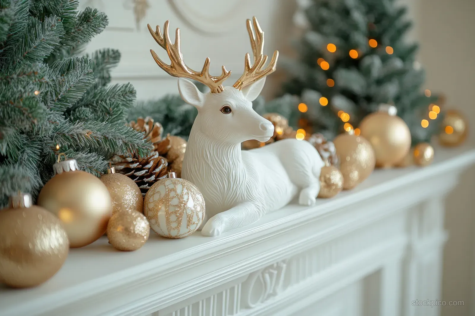 White deer figurine sits on a holiday mantel surrounded by gold baubles and pine greenery with warm lights in the background.