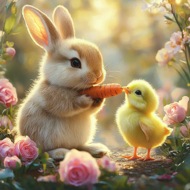Fluffy brown rabbit sharing an orange carrot with a tiny yellow chick among pink roses