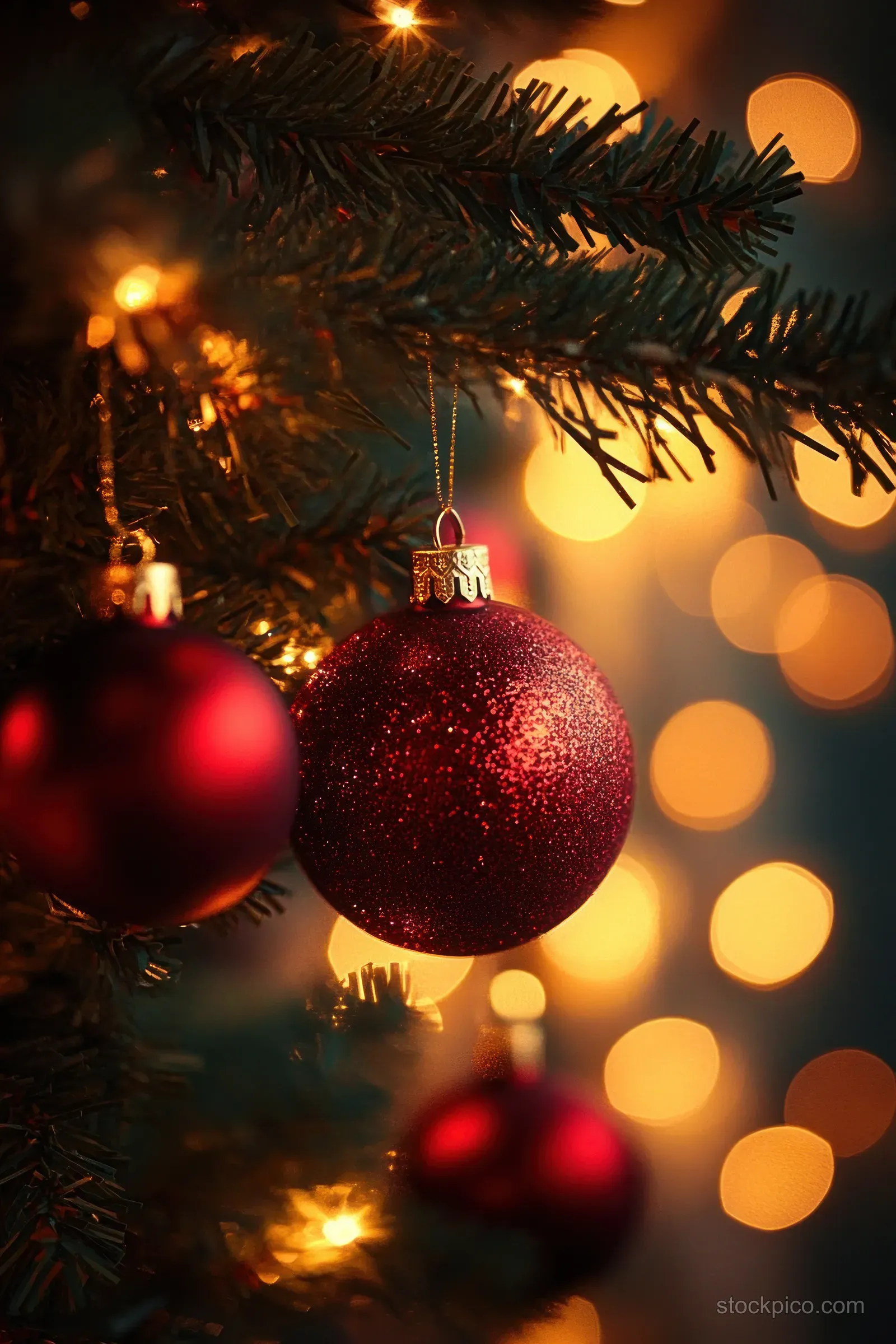 Red glitter Christmas ornaments hang on pine branches with warm glowing bokeh lights behind them.