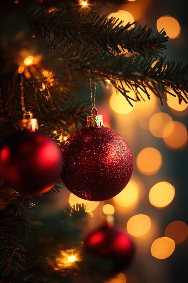 Red glitter Christmas ornaments hang on pine branches with warm glowing bokeh lights behind them.