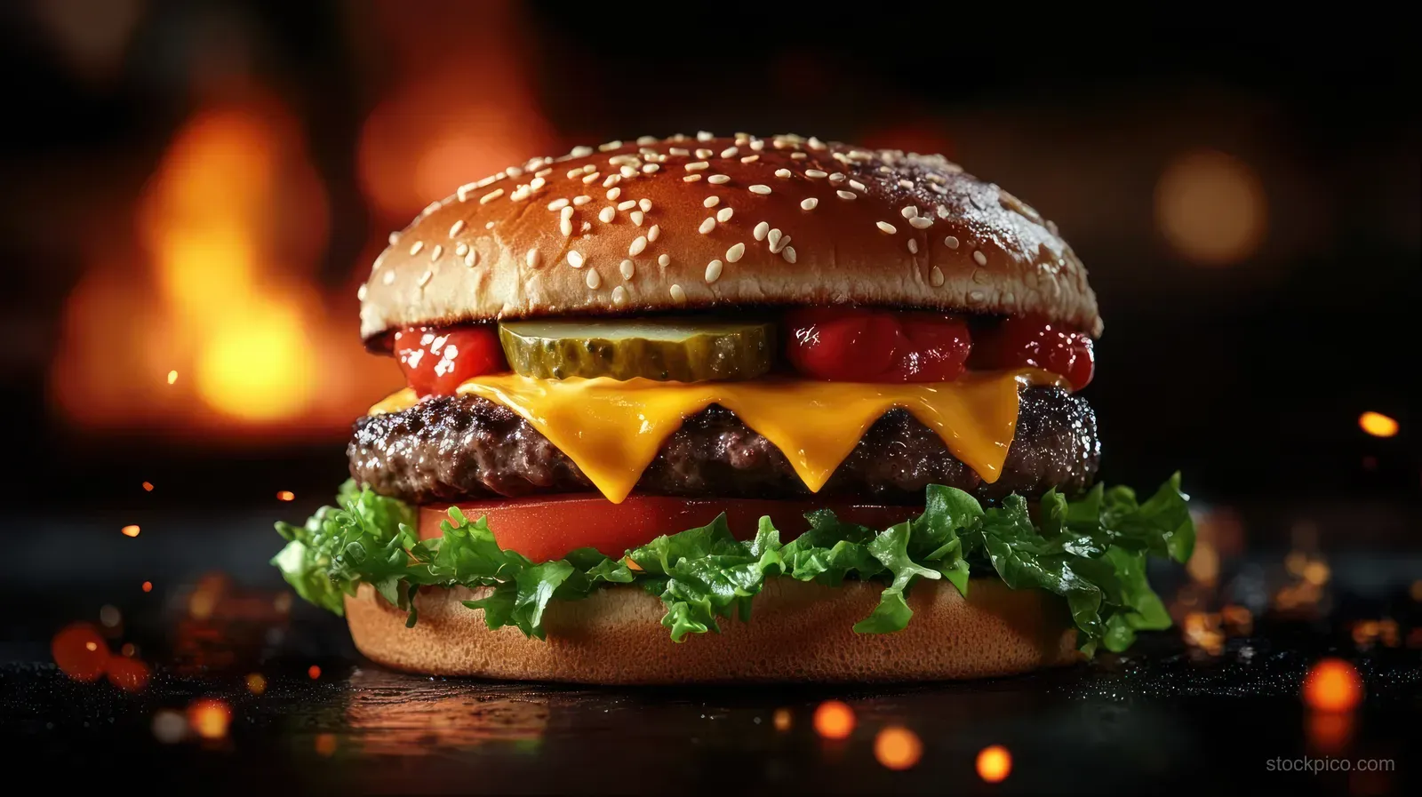 A close-up cheeseburger with sesame bun and melted cheddar against a fiery flame background with smoke.