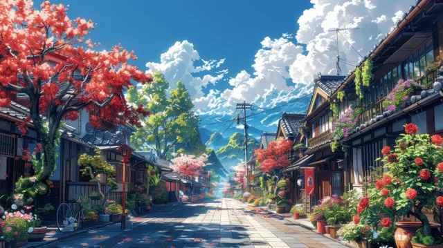 Sunlit traditional Japanese street with cherry blossoms, flower-lined houses, and hanging lanterns under a blue sky.