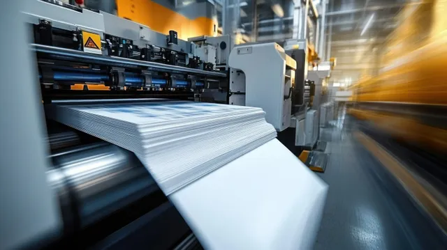 A high-speed industrial printing machine feeds neatly stacked paper sheets through a modern factory aisle.