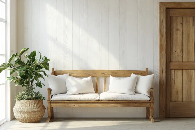Rustic entryway with a wooden bench, white pillows, a potted plant, and warm sunlight through tall windows.