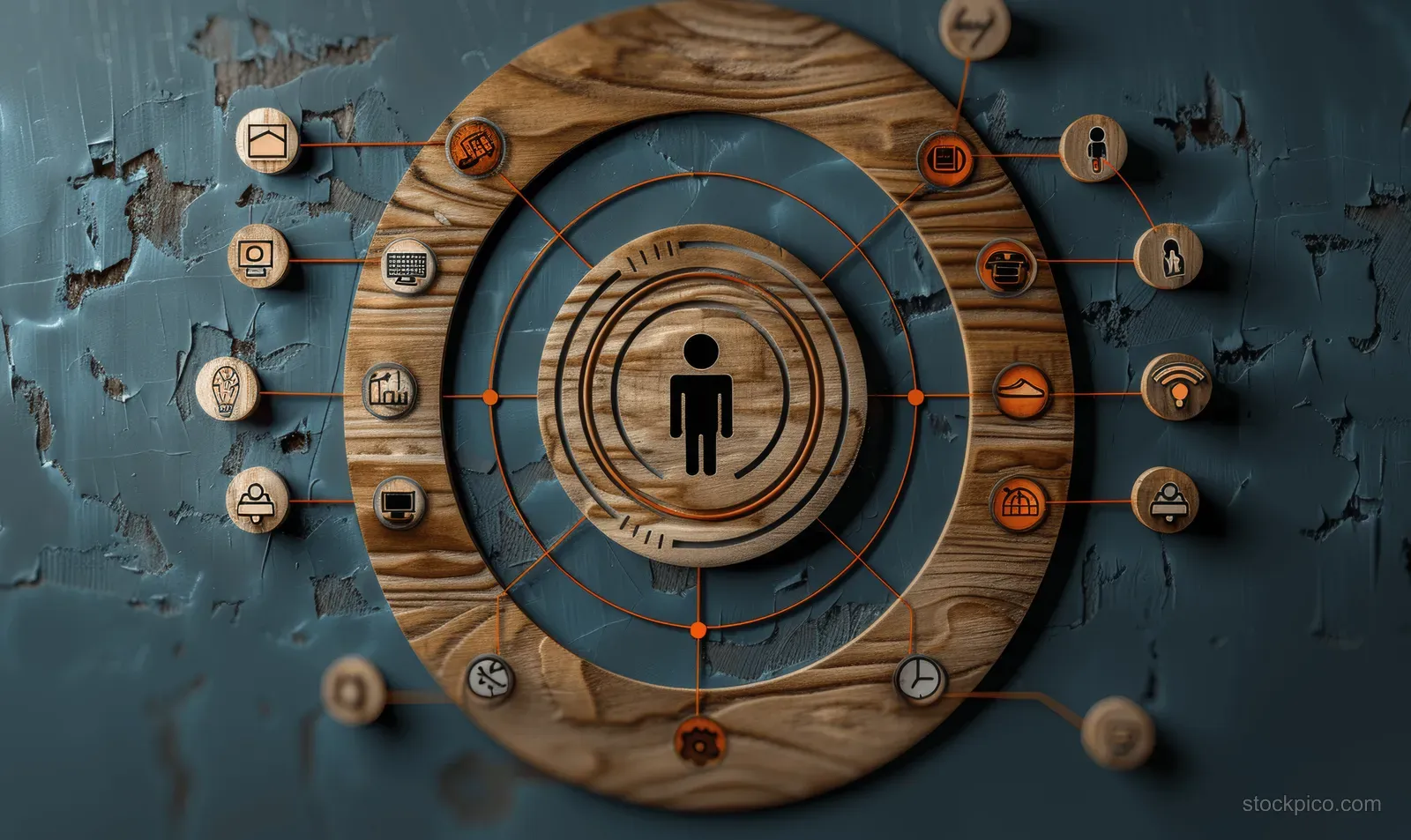 Leadership target growth plan with people network icons and a leader figure on a blue background.