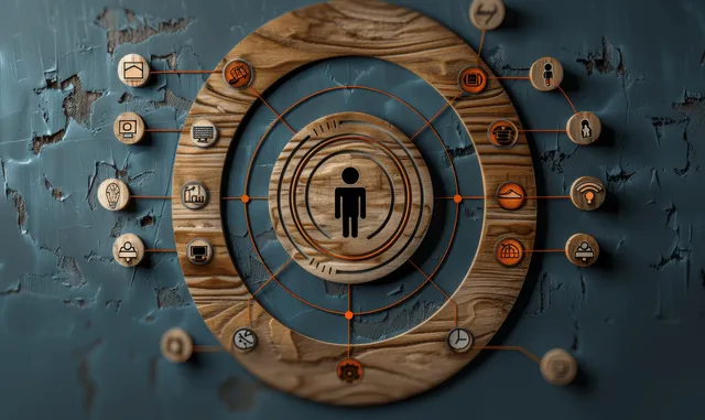 Leadership target growth plan with people network icons and a leader figure on a blue background.