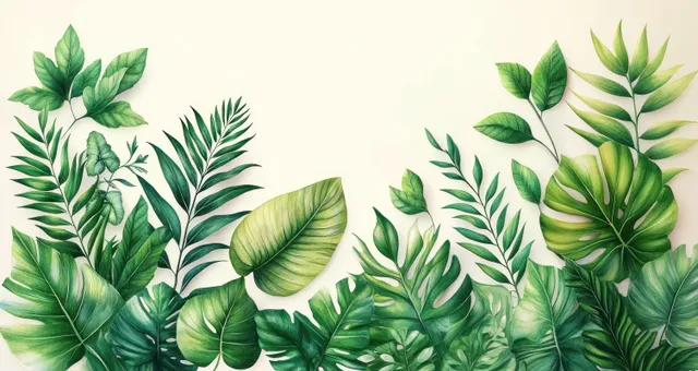 Green tropical leaves arranged in a lush border collage on a light cream background.