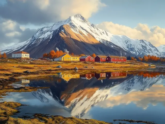Colorful village beside snow-capped mountain reflected in still lake
