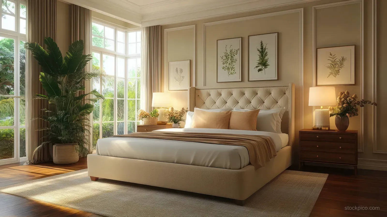 Sunlit bedroom with a cushioned bed, beige bedding, bedside lamps, botanical wall art, and tall plants by windows.