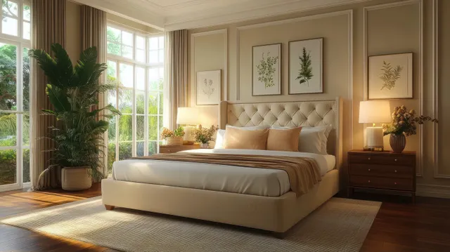 Sunlit bedroom with cushioned bed, beige linens, lamps, botanical wall art, and tall plants by windows