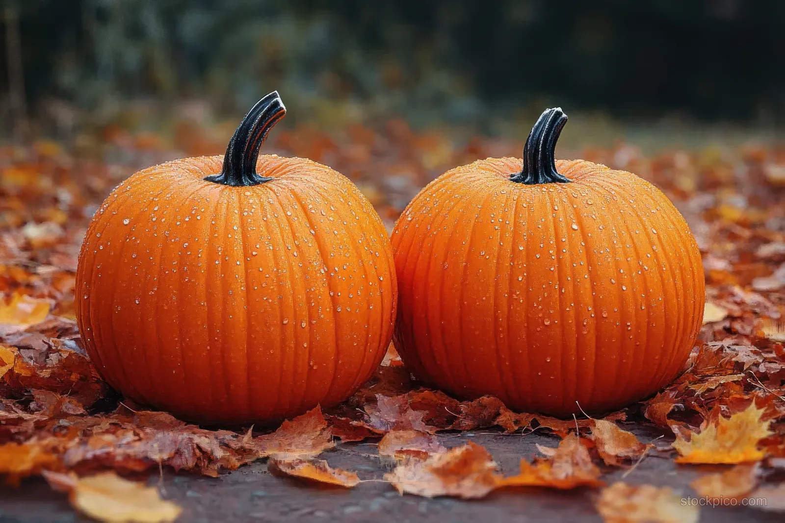 Two orange pumpkins with dew-like water droplets rest on dry autumn leaves outdoors.