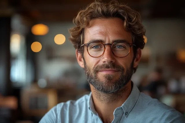 Focused man with headset and glasses holding laptop during remote work at desk