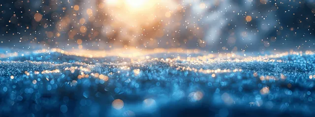 Snowfall over blue snowdrifts with glowing bokeh lights