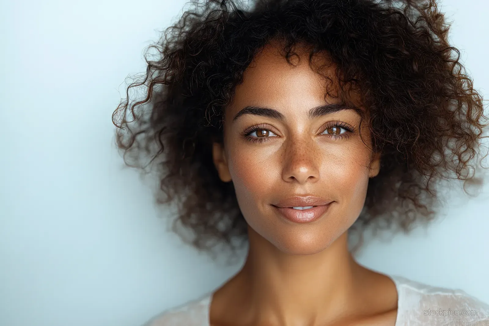 Smiling middle aged woman with voluminous curly hair in soft natural light against a gray studio background.