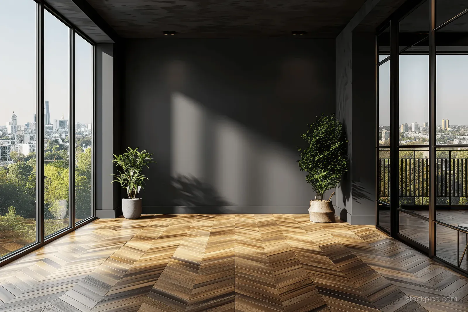 Empty dark interior with parquet floor, panoramic windows, and two potted plants along the glass.