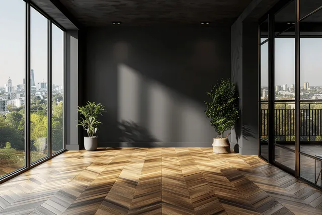 Empty dark interior with parquet floor, panoramic windows, and two potted plants along the glass.