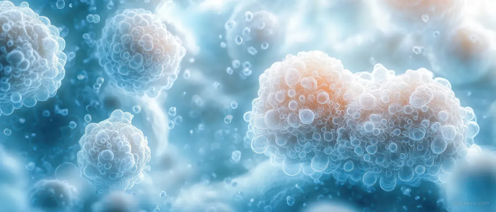 Abstract white blood cell shapes and glowing bubbles in a soft blue immune defense macro background.