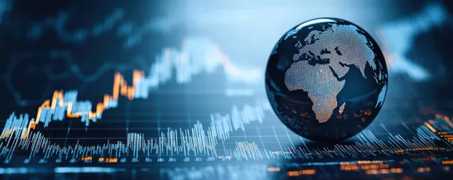 A hovering globe sits above a glowing upward finance chart with stacked data bars and grid lines in dark blue tones.