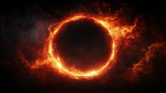 Fiery circular portal burns with swirling smoke and glowing embers in dark space.