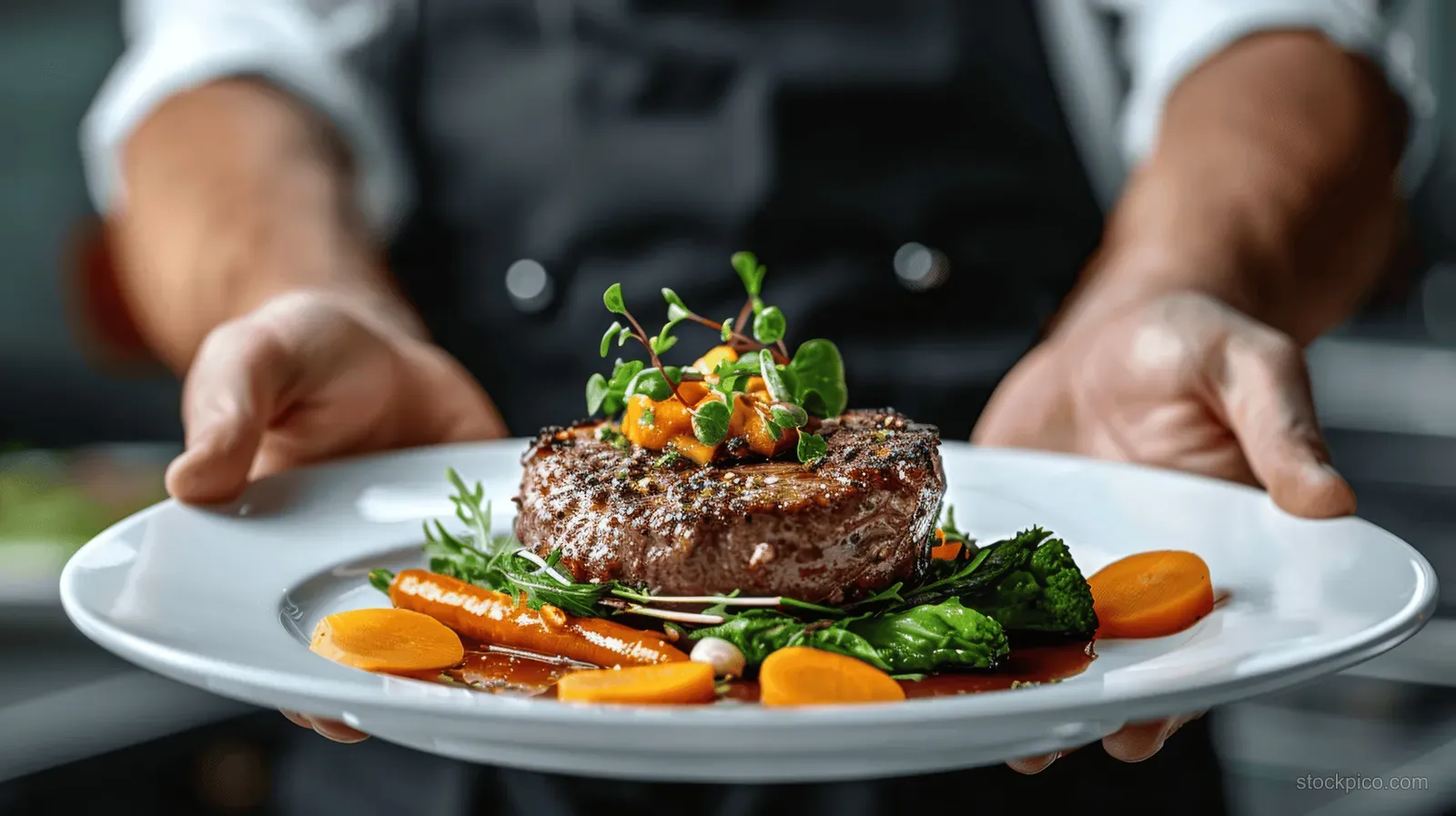 Chef hands hold a white plate with steak, roasted vegetables, and microgreens under warm golden light.