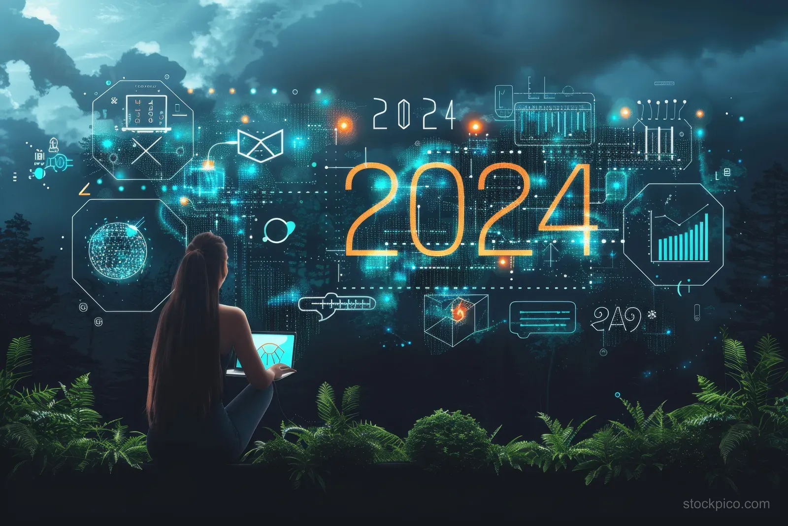 Businessperson holding a tablet in a forest with glowing 2024 AI analytics icons around them.