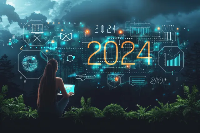 Businessperson holding a tablet in a forest with glowing 2024 AI analytics icons around them.