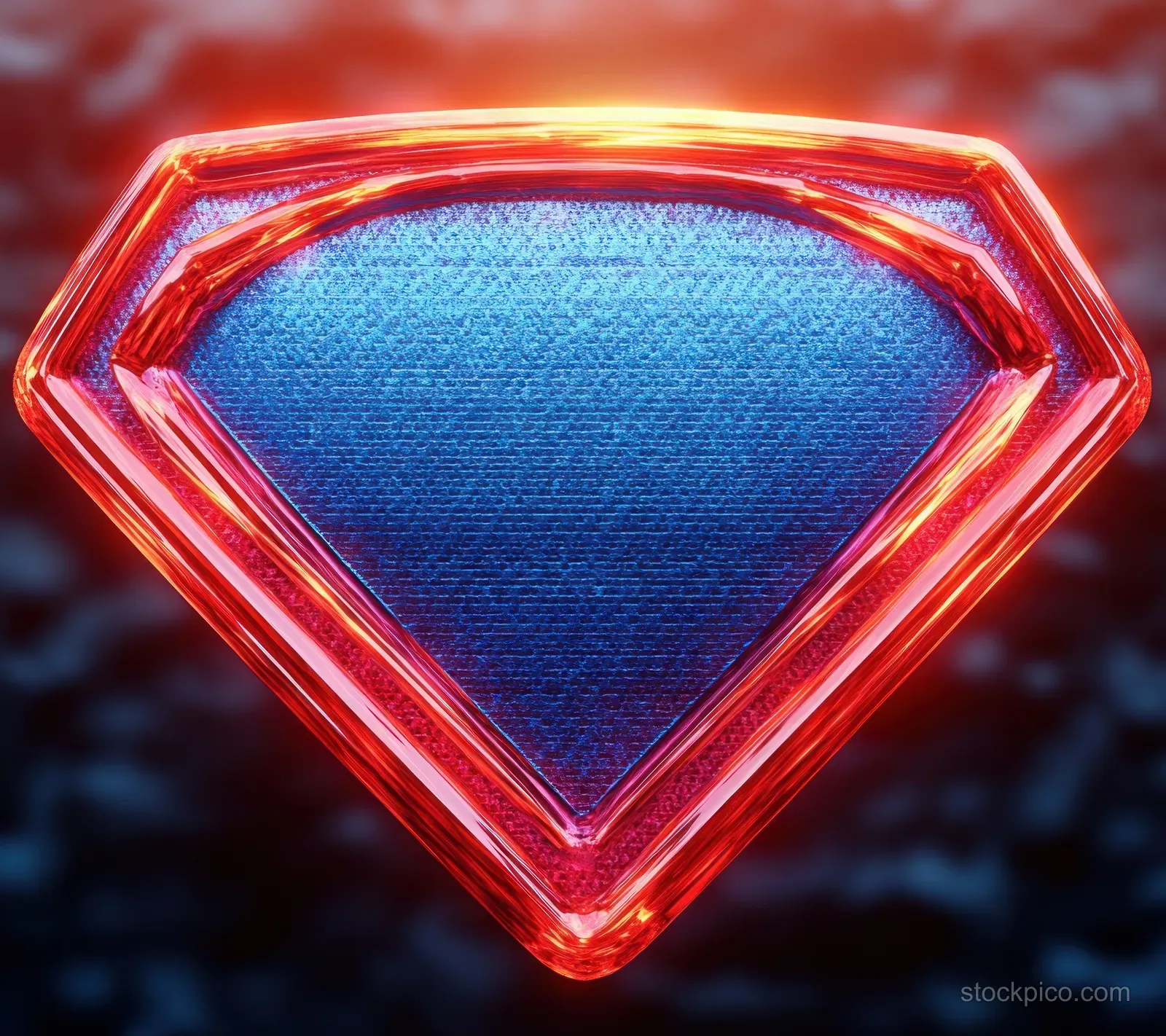 A glowing neon superhero shield emblem in red and blue floats on a dark textured background with light bloom.