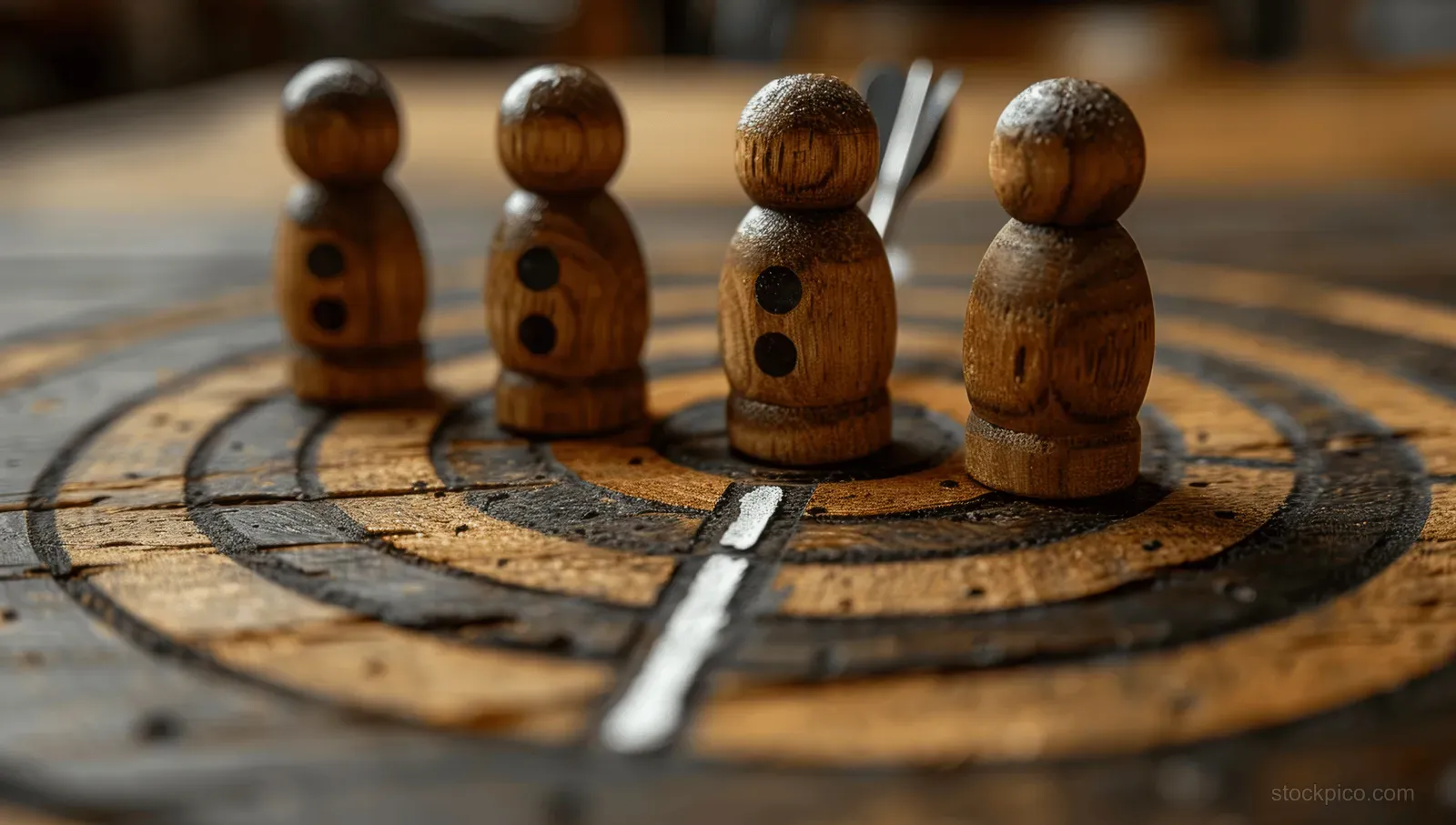 Wooden figures surround a dartboard with a dart hitting the bullseye, representing business focus and achievement.