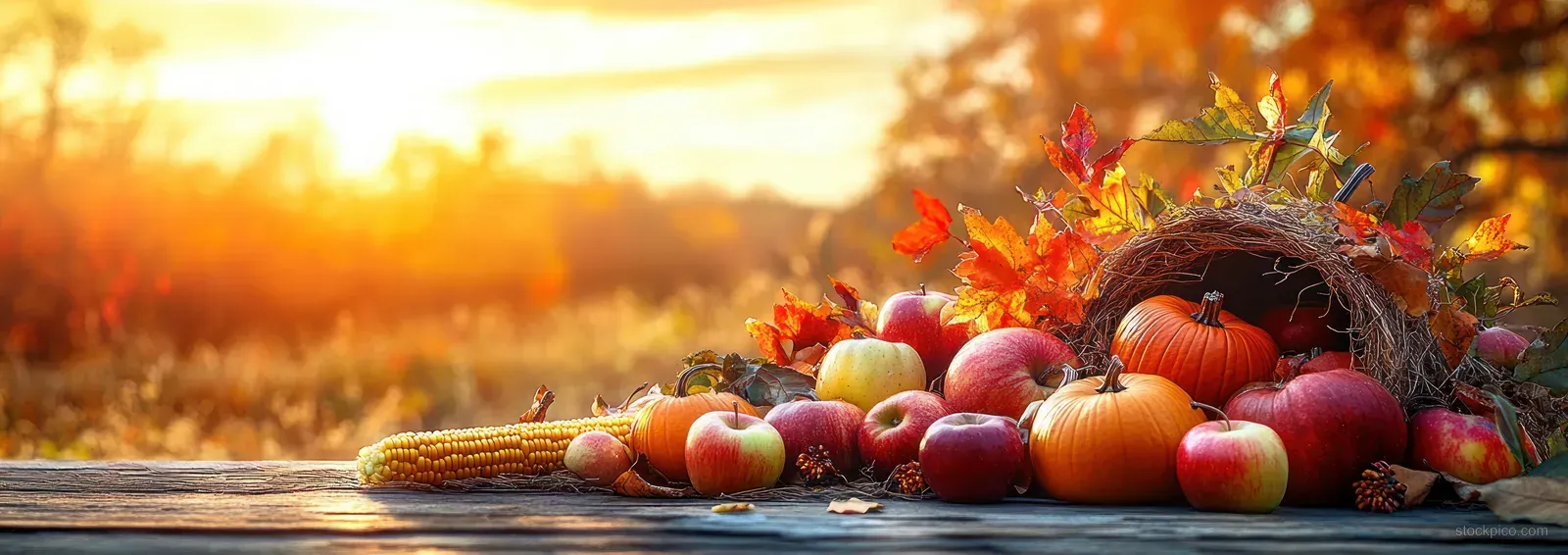Pumpkins and apples sit in a rustic basket beside corn kernels under warm sunset light.