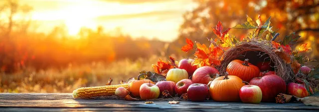 Pumpkins and apples sit in a rustic basket beside corn kernels under warm sunset light.