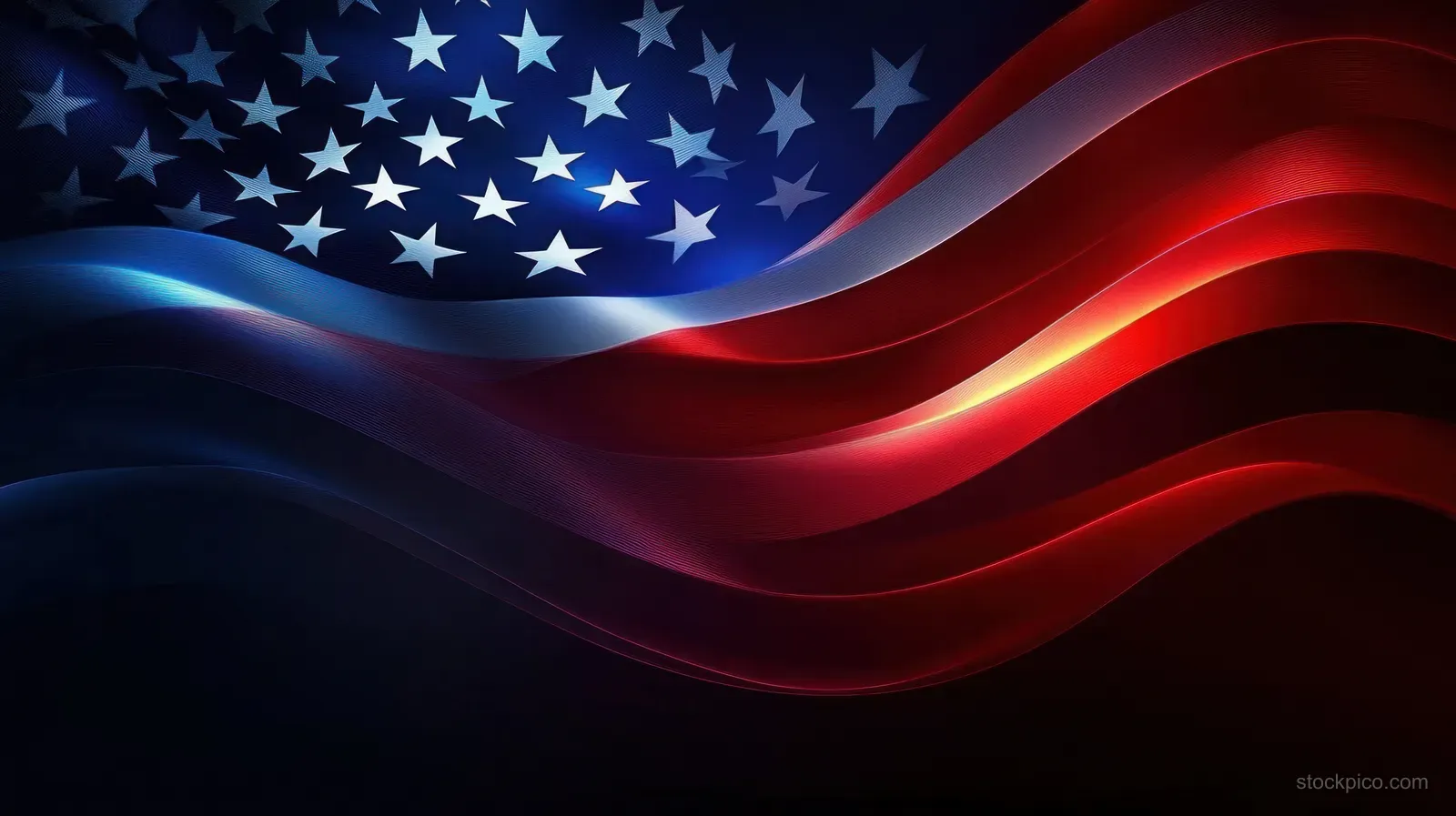 Glowing American flag waves across a dark abstract background of red, white, and blue light.