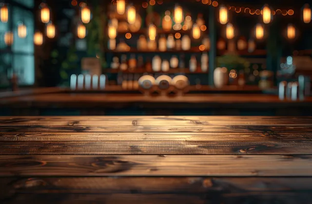 Empty wooden table foreground with a blurred bar counter and warm bokeh lights in the background.