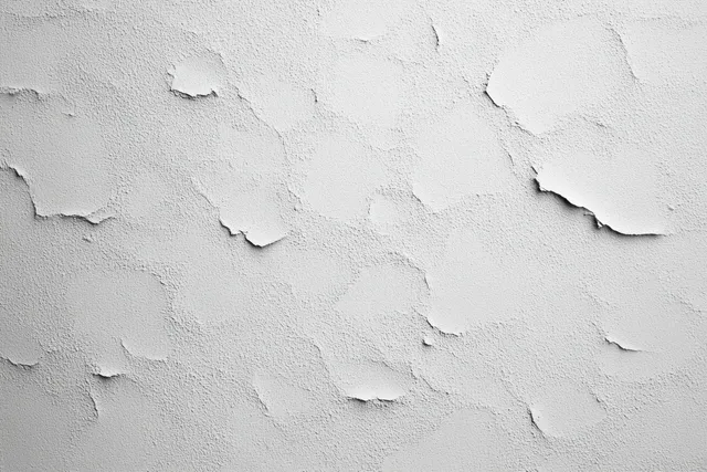 White paint peels away on a rough wall, revealing flaking layers and chipped patches.