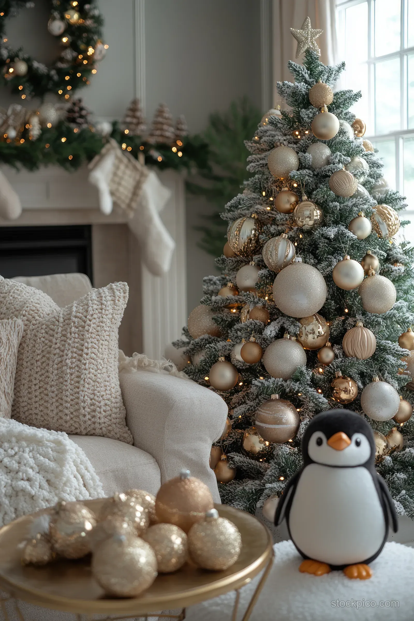 A decorated Christmas tree stands beside a plush sofa in a softly lit cozy living room.