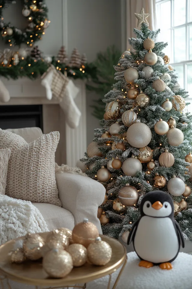 A decorated Christmas tree stands beside a plush sofa in a softly lit cozy living room.