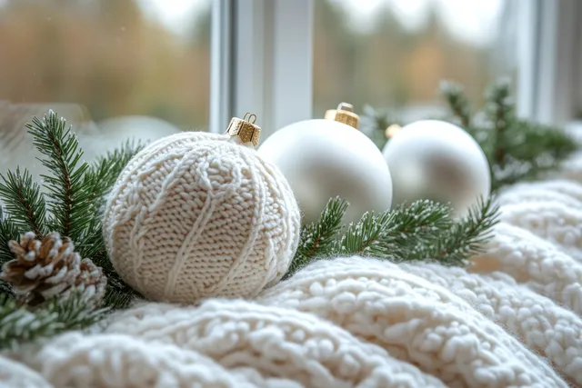 Knitted white Christmas ornaments and pine sprigs rest on a snowy window sill under warm light.