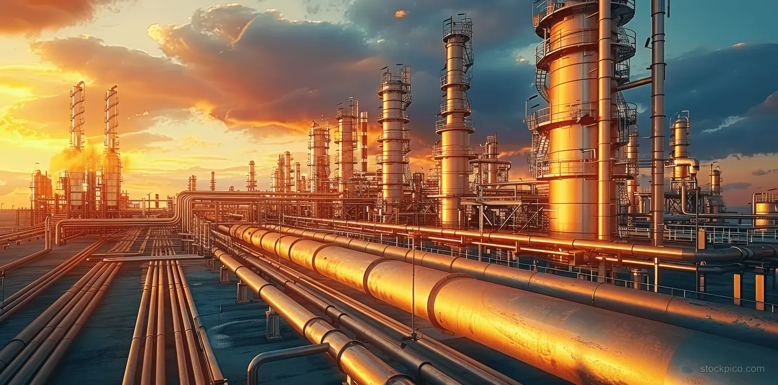 Sunset view of an oil refinery with glowing pipelines, tall towers, and industrial equipment.