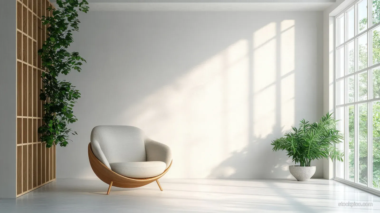 Sunlit minimalist room with a light armchair, potted green plants, and large windows casting soft shadows.