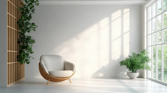Sunlit minimalist room with a light armchair, potted green plants, and large windows casting soft shadows.
