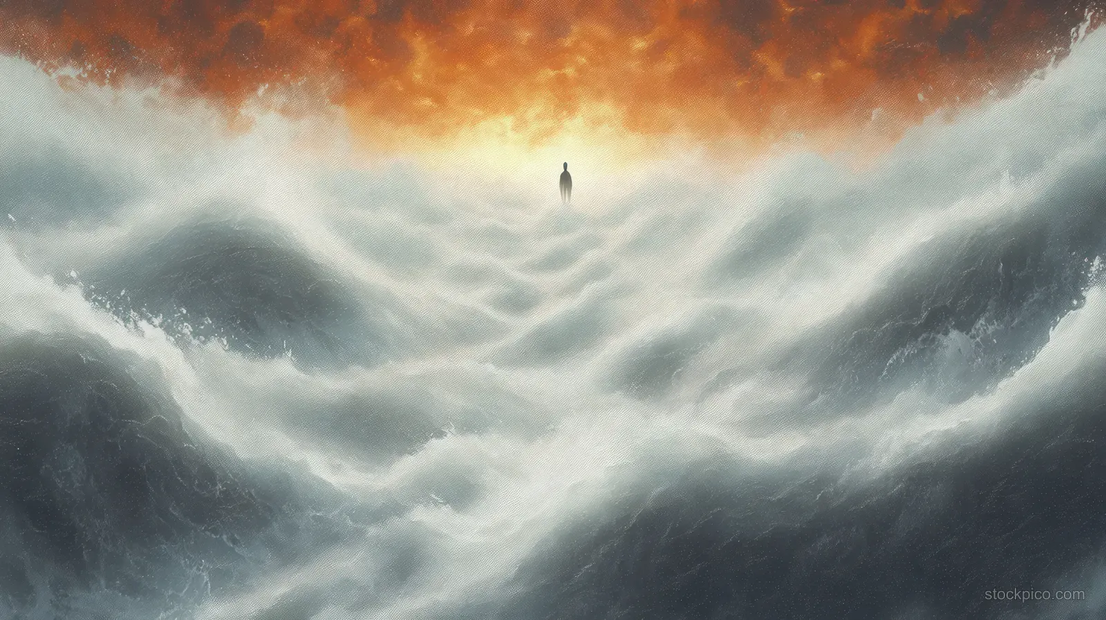 A lone silhouetted person stands in swirling fog and clouds beneath a fiery orange sky.