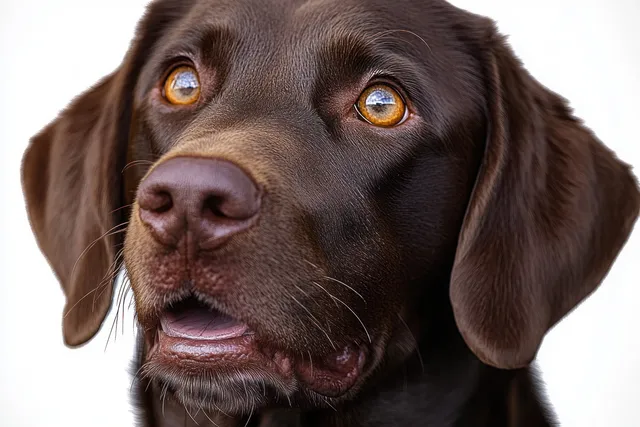 Chocolate Labrador retriever close-up with amber eyes looking upward and mouth slightly open.